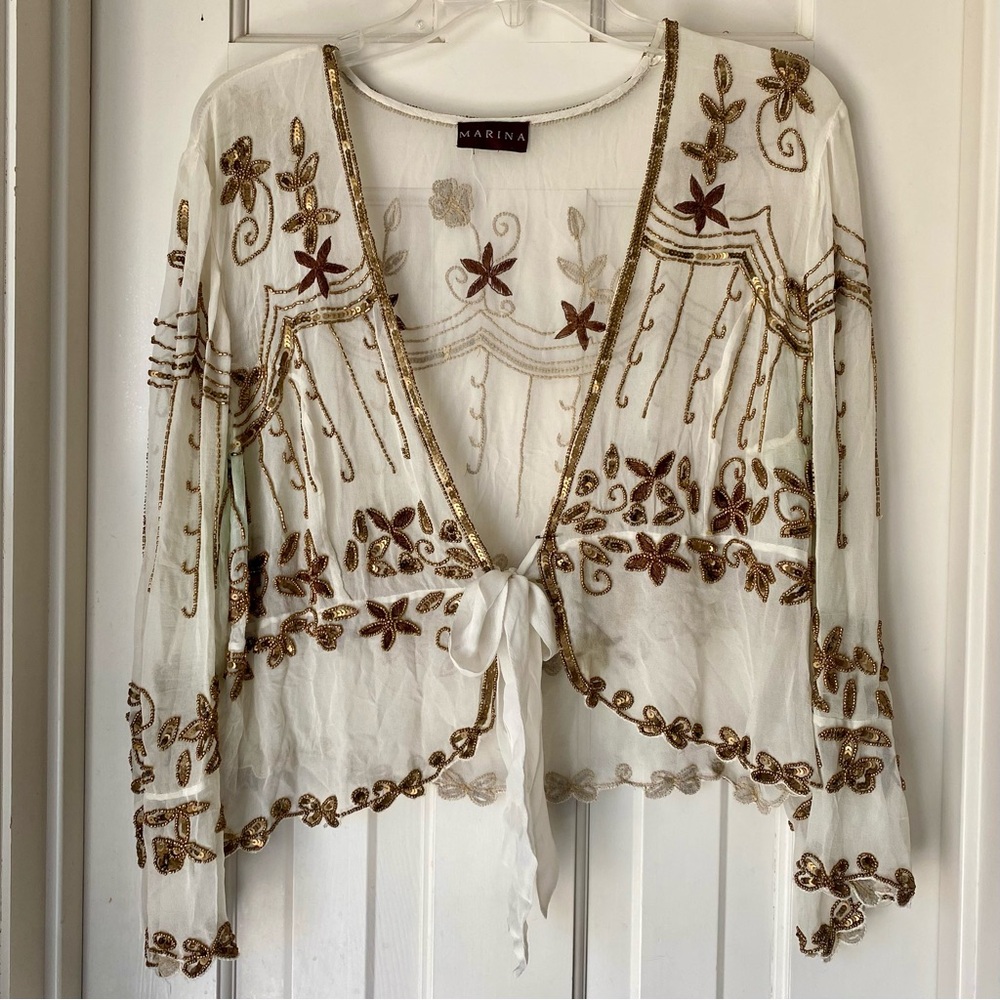 Marina vintage cream w/gold and copper beaded embroidered sheer shirt cardigan
